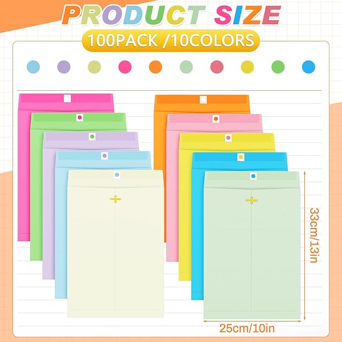 Geyee 100 Pcs Clasp Manilla Envelopes 10 x 13 Inch Gummed Colored Envelopes for Storing or Mailing for Home Office Business Supplies(Multicolor)