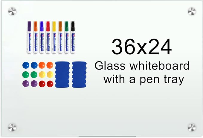 H-Qprobd Glass Whiteboard 36"x24" Magnetic Dry Erase White Board for Wall, Includes 12 Magnets, 8 Markers and 2 Erasers