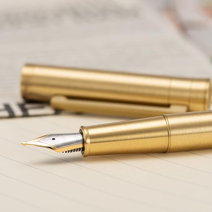 Hongdian 1861 Brass Fountain Pen Long Blade Nib, Classic Design Smooth Writing Pen with Converter and Metal Pen Case Set