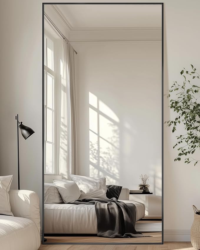 Full-Length Floor Mirror with Stand, 76"x34" Rectangle Style Full Body Standing Mirror for Bedroom, Living Room, Gym, Dorm - Shatter-Resistant & Easy Assembly, Black