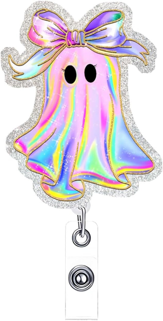Halloween Badge Reel Retractable ID Name Holder Fun Cute Ghost with Bow Badge Charm Designs Acrylic Cartoon Spooky ID Badge Holder with Alligator Clip for Students Nurses Teachers ID Clip