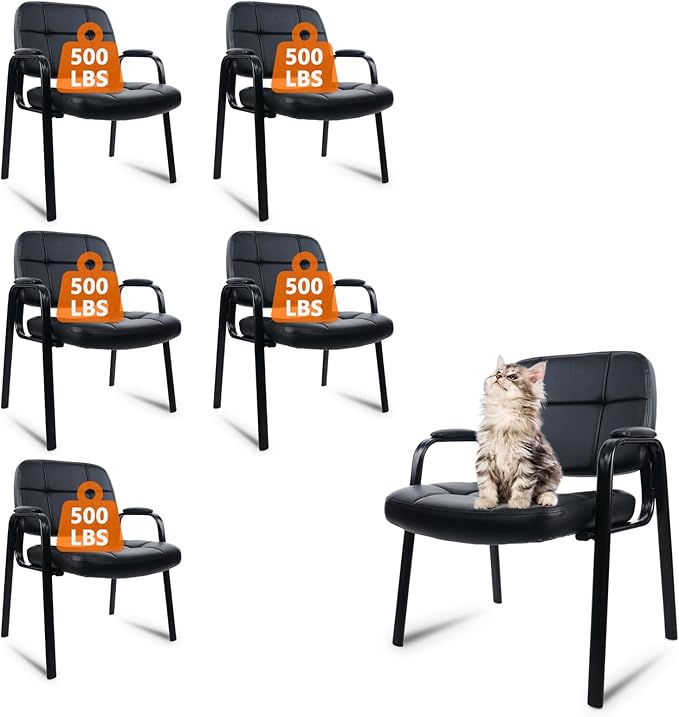CLATINA Big & Tall 500 lbs Waiting Room Guest Chair, Leather Office Reception Chair No Wheels with Padded Arms for Elderly Home Desk Conference Room Lobby Side Salon Clinic, Black(6 Pack)