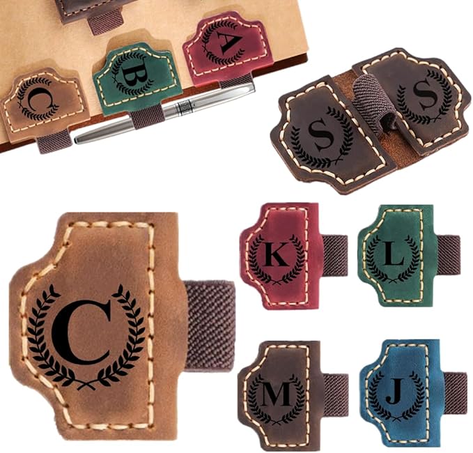 Custom Bookmark with Pen Holder with 26 Letters Personalized Magnetic Leather Book Mark, Customized Name Book Marker Clip with Initial for Men Women, Gifts for Book Lovers, Readers, (Brown, C)