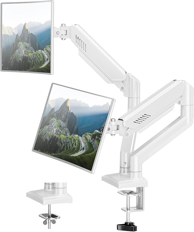 Dual Monitor Desk Mount - Adjustable Monitor Arm for 2 Monitors up to 32 inches/19.8 lbs, Double Monitor Stand VESA Bracket with C-Clamp & Grommet Mounting, Computer Screen Mount, White, Freelift