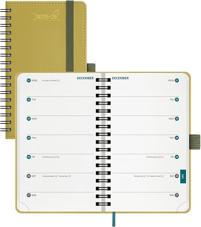 BEZEND Pocket Planner 2025-2026 Weekly with 2 Columns, 18-Month Academic Calendar (Jul 25-Dec 26), Life Work App., Storage Pocket, Pen Holder, PU Leather Softcover 3.5" x 6" Spiral - Mustard