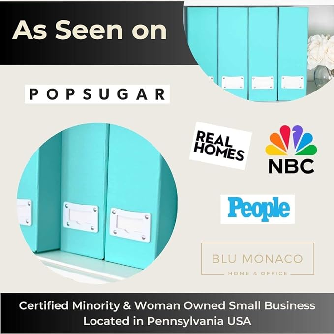 BLU MONACO Set of 6 Foldable Aqua Magazine File Holders with White Leather Label Holders – Cute Book Organizers for Desk, Classroom, Shelves, and Home Office