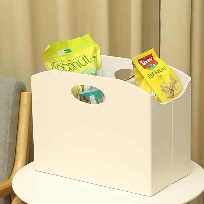 EZDeco Magazine Holder Foldable Magazine Rack Floor PU Leather File Holder Newspaper Book Storage Basket Document File Folder Organizer for Office Home (Off-white-1)