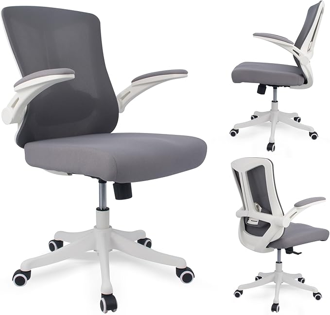 Ergonomic Comfort Home Desk Office Chair, Mid Back Computer Gaming Chair with Wheels, Adjustable Height, Lumbar Support, Flip-up Armrest with 350LBS Capacity (White Grey)