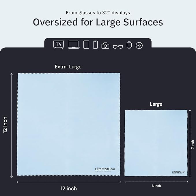 Elite Tech 13-Pack Microfiber Cloth Set - Washable Oversized Cleaner for Eyeglasses, Electronics, Screens & Lenses, Dual Sizes 6"x7" & 12" x12 - Microfiber Cleaning Cloth