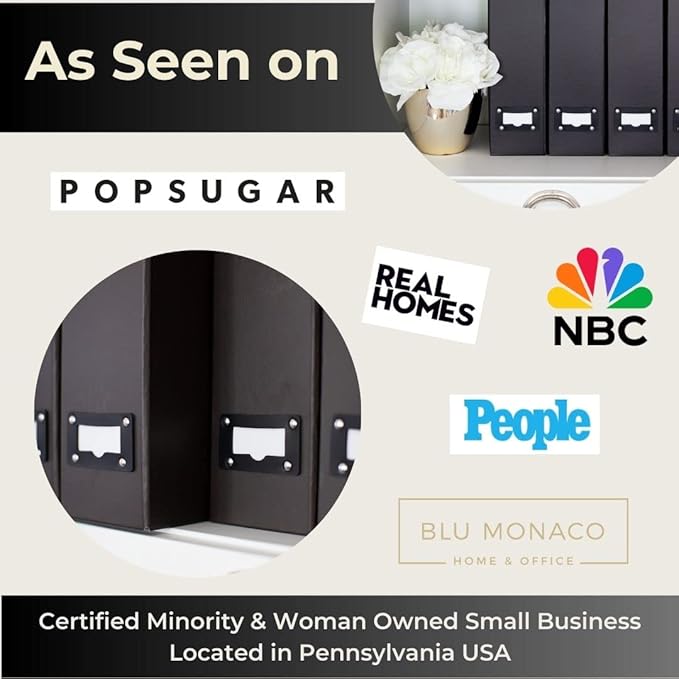 Blu Monaco Foldable Black Magazine File Holder with Leather Label Holder - Set of 6 Cardboard Magazine File Boxes Desk File Organizer