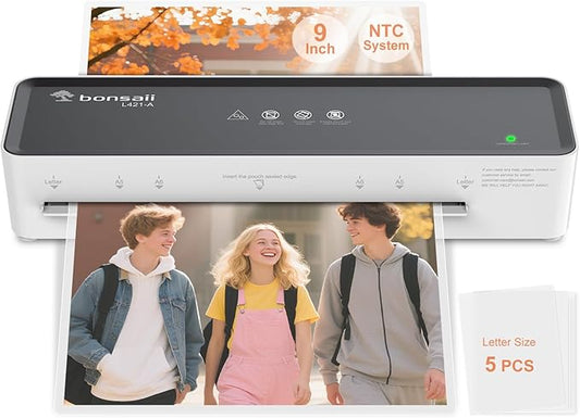 Bonsaii Laminator Machine with 5 Laminating Sheets, 9 Inch Thermal Laminating Machine for Doc/Posters/Photos, Compact Laminator for Home Office School, L421-Grey