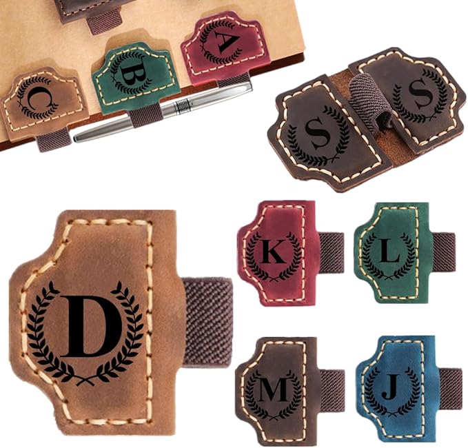 Custom Bookmark with Pen Holder with 26 Letters Personalized Magnetic Leather Book Mark, Customized Name Book Marker Clip with Initial for Men Women, Gifts for Book Lovers, Readers, (Brown, D)
