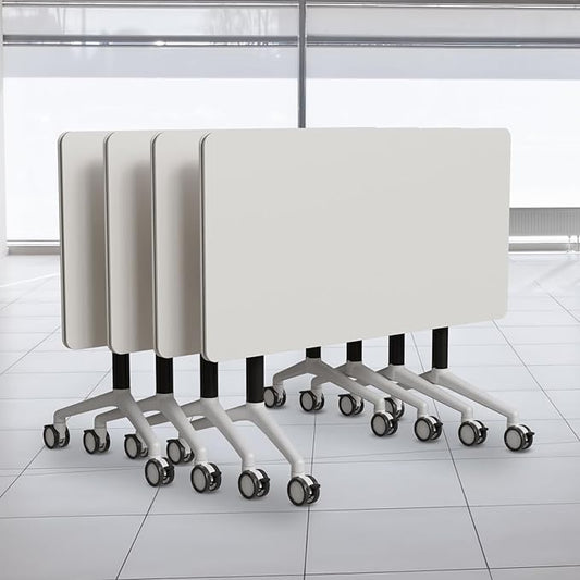 Folding Conference Table, Modern Conference Room Tables with Flip-Top Design, Foldable Conference Table Meeting Table with Wheels, Mobile Seminar Training Tables for Office Classroom (4, White 2)