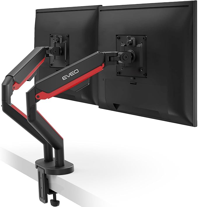 EVEO Premium Dual Monitor Mount 14"-35” Dual Monitor Arm VESA Bracket Adjustable Height Gas Spring Dual Monitor Stand, Screen Full Motion Dual Monitor Arm-Computer Monitor Stand for 2 Screens - Red