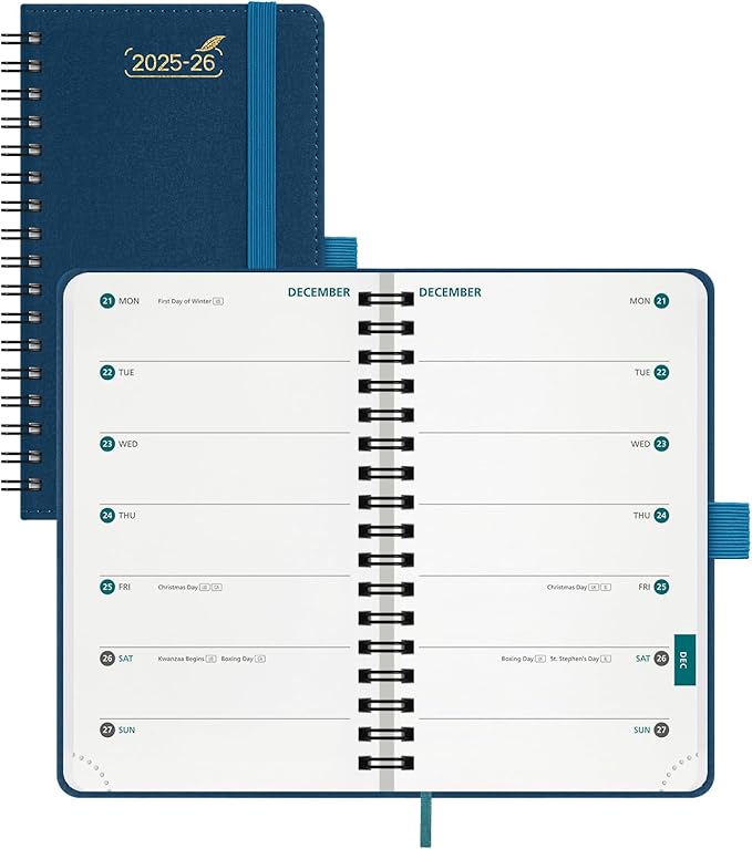 BEZEND Pocket Planner 2025-2026 Weekly with 2 Columns, 18-Month Academic Calendar (Jul 25-Dec 26), Life Work App., Storage Pocket, Pen Holder, PU Leather Softcover 3.5" x 6" Spiral - Prussian Blue