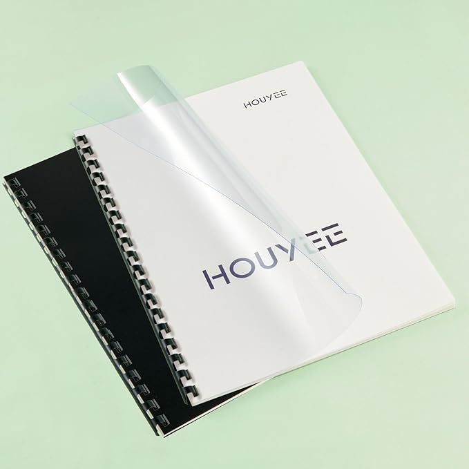 HOUYEE 100 Pack Binding Covers Set, 8.5x11 Inches, Including 50 Pcs 8 Mil Clear Binding Covers, 50 Pcs 12 Mil Black Sand Plastic