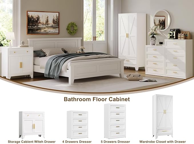 Farmhouse Wardrobe Cabinet with One Drawers,Metal Wardrobe Closet with Hanging Rod,Metal Armoire with Adjustable Shelves for Bedroom,Living Room, Cloak Room,Office (White)