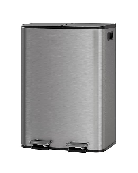 GarveeHome 2 x 8 Gallon Stainless Steel Double Trash Can with Lid for Kitchen, Large Dual Trash and Recycle Bin Combo, Step-on Kitchen Metal Garbage Cans, PP Inner Buckets, Liner Rim, Matte Grey