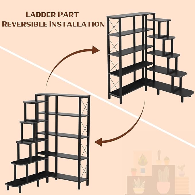 Corner Bookshelf Bookcase, Large Reversible 5 Tier Ladder Shelves Storage Display Rack with Metal Frame, Industrial Home Office Furniture for Living Room Bedroom, Black