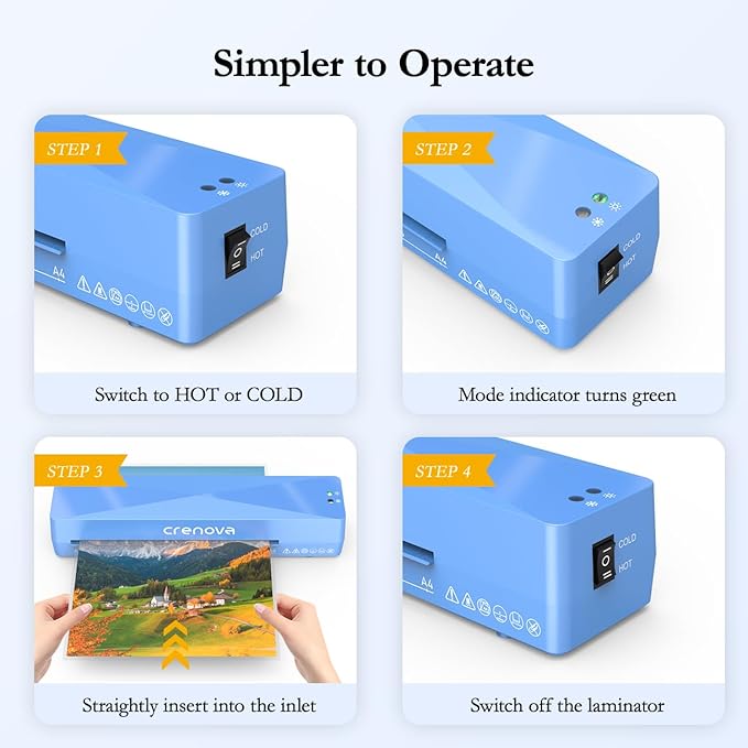 Crenova Laminator Machine with 10 Laminating Sheets, A4 Laminating Machine Hot & Cold with Fast Warm Technology, Thermal Laminator 9 Inch for Home Office School Business Blue