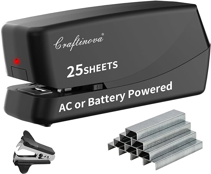 Electric Stapler,Automatic,Inclued 2000 Staples and 1 Staple Remover, Heavy Duty Can Store 210 Staples，AC or Battery Powered Stapler Heavy Duty, 25 Sheet Capacity.