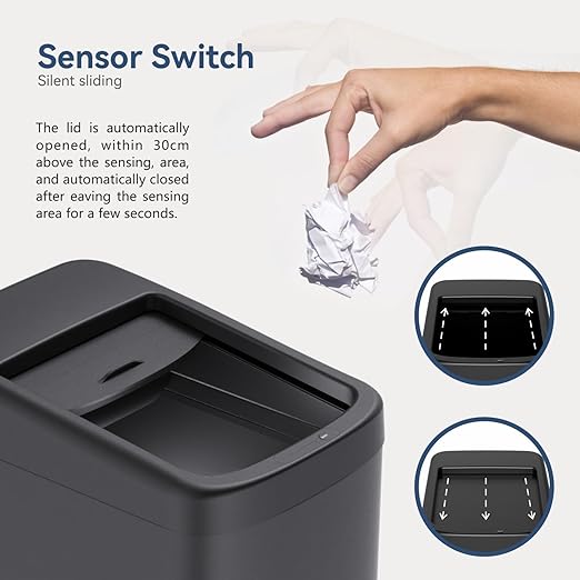 ELLO&ALLO Garbage Can Motion Sensor Trash Can 13 Gallon for Kitchen with Roll Up Lid, Automatic Touch Free High-Capacity with Wheels Black Waste Bin