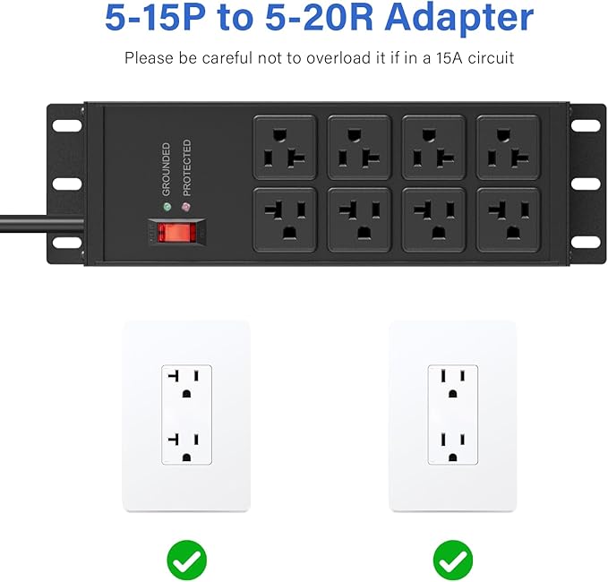 CCCEI Black Heavy Duty Power Strip Surge Protector 20 AMP, 8 Outlets 12 Gauge Industrial Shop Garage Metal Multiple Outlets, 12 FT Extension Cord 5-15P Adapter High Amp 6-20R T-Slot 20a for Appliance