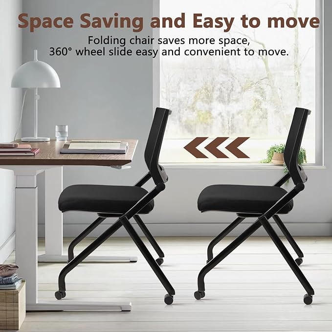 CLATINA Stackable & Foldable Conference Room Chairs, Waiting Room Chairs with Wheels & Lumbar Support, Ergonomic Mesh Bouncing Back Folding Chair for Office Meeting Schools Training Room, Black 10pk