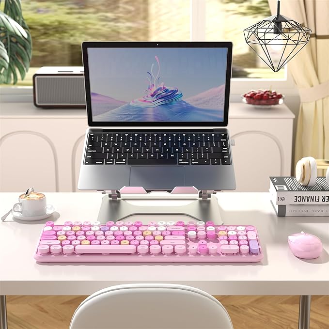 Colorful Wireless Computer Keyboard and Mouse Combo with Round Typewriter Keycaps, Retro Design, Power Switch, Ergonomic Design, 2.4GHz Wireless for Windows, Mac, PC(Pink-Colorful)