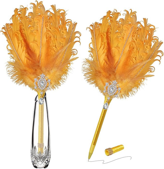 CROWN GUIDE Luxury Feather Quill Pen with Shiny Rhinestones & Curled Goose Feathers- Wedding Guest Book Pen, Great Gatsby/HP Party Supplies, Bridal Shower Gift with Rose Gold Heart Charm (13.8",Blue)