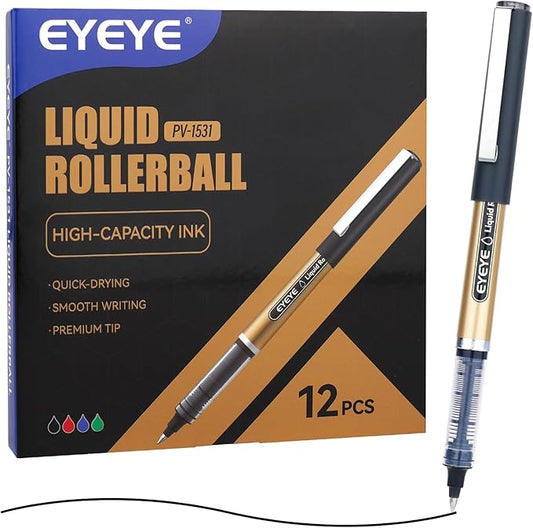 EYEYE Black Rollerball Pens 12 Pack 0.7mm Medium Point, Quick Dry Liquid Ink, Smooth Writing for Journaling, Note Taking, Office & School Supplies