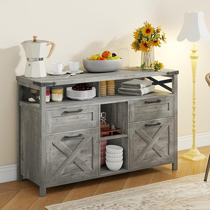 Farmhouse Filing Cabinet with Adjustable Shelf for Home Office, Lateral File Cabinets 4 Drawers with Open Storage Shelf, Filing Organization Storage Cabinets for Hanging Files Letter/A4.(Grey)