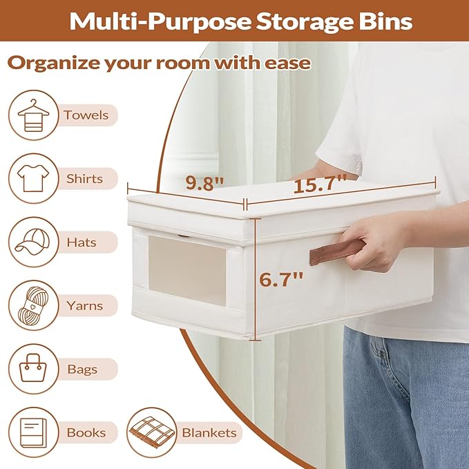 Fabric Storage Bins with Lids, Collapsible Closet Organizer with Sturdy Handles, Clear View Window, Stackable Storage Baskets for Clothes, Towels, Books, Hand Pull Closet Organizer Boxes-2-Pack, Beige