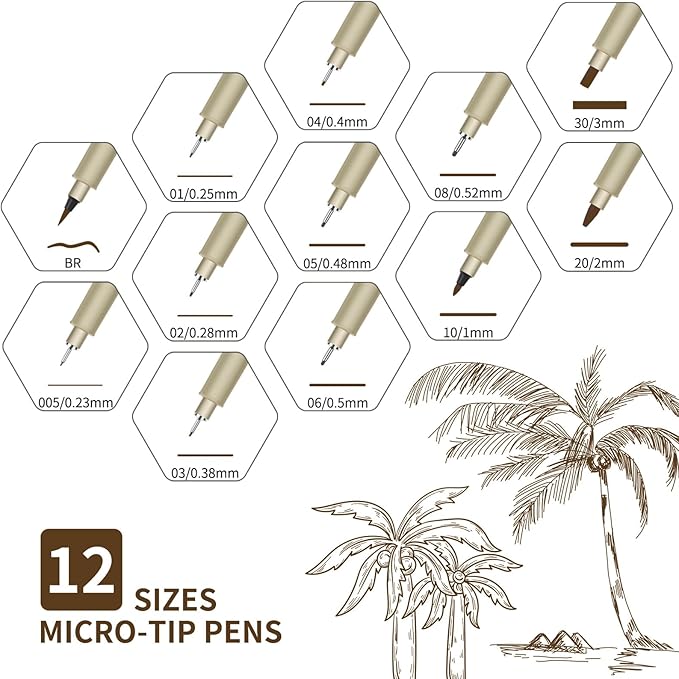 Brown Micro Pens, 12 Sizes in 0.23mm - 5mm, Waterproof Archival Ink, Fine Point Pen for Artist Illustration, Sketching, Anime, Manga and Technical Drawing