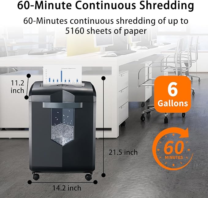 Bonsaii Heavy Duty Paper Shredder, 16 - Sheet, Micro - Cut Office Shredder, 60 - Minute Continuous Running time, Commercial Grade, 6 - Gallon Pull - Out Basket, High - Security P - 4 Level Protection