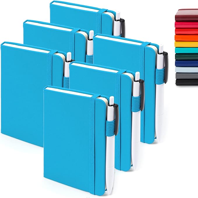 feela 6 Pack Pocket Mini Notebooks Bulk, Small Cute Memo Notepads Hardcover College Ruled Lined Journals with Pen Holder for School Business Work, with 6 Black Pens, 3.5”x 5.5”, A6, Teal