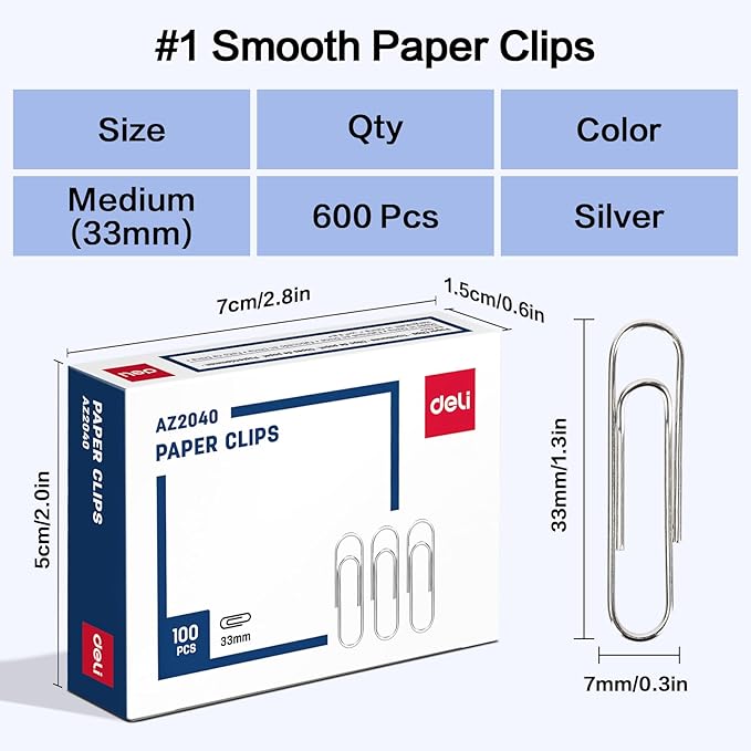 Deli #1 Smooth Paper Clips, 600 Medium Paper Clips, 6 Boxes of 100 Each, Silver