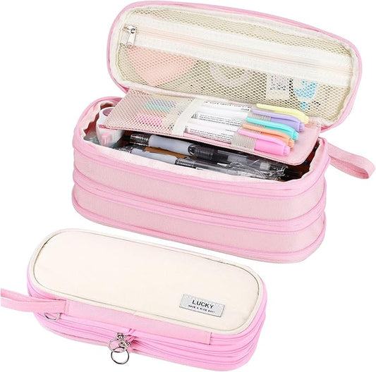 Big Pencil Case Zipper Pencil Pouch Organizer Large Capacity Pen Bag with Handle Portable for Girls Kids Adults Gift Pen Case for School Home Office Light-pink