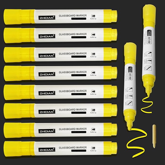 Bright Yellow Dry Erase Markers for Black Glass Board, 2-in-1 Reversible Dual Tip - Bullet & Fine, Easy Clean Grip Liquid Chalk Pens for Acrylic Board, 10 Pack