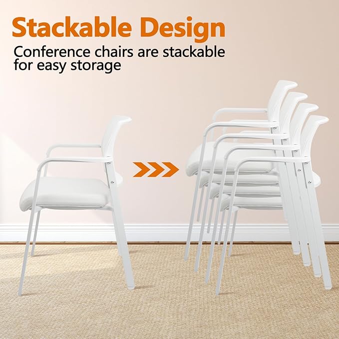 CLATINA Stacking Office Chairs | Mesh Back, Thicken Leather Seat and Arms, Ergonomic Lumbar Support | Guest Reception, Waiting, Conference, School, Party, Customer, Side, Stationary | Set of 4, White