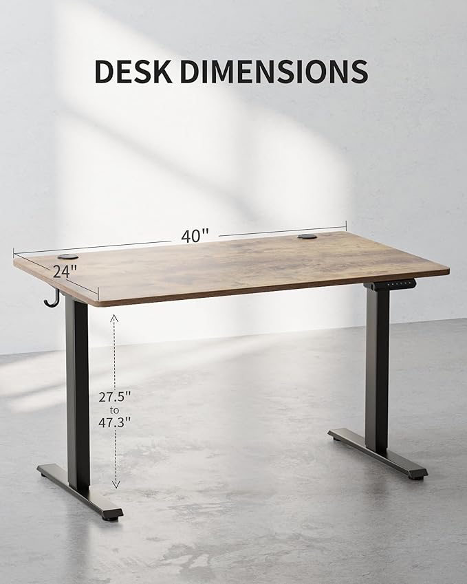 FEZIBO One-Piece Standing Desk Adjustable Height Stand up Home Office Desk, 40x24 Inch Electric Standing Computer Desk, with 4 Memory Presets, Fixable casters, Rustic Brown