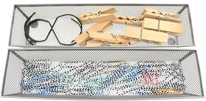 HAHIYO Stackable Mesh Tray Cup 12 x 3 x 2 inches Sturdy Container for Desk Drawer Organizer Collection for Home Office School kitchen Soft Foam Feet No Sharp Edges 2 Pack Silver