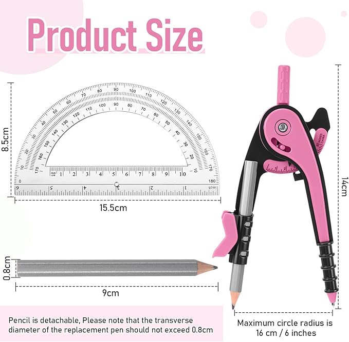 EBOOT Student Geometry Math Set, Drawing Compass and 6 Inch Clear Swing Arm Protractors 180 Degree Math Protractor(Pink)