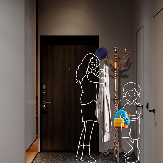 Coat Racks FreeStanding with 11 Hooks, Natural Wood Coat Rack with Tri-Legged Base, Adjustable Height Coat Racks, Easy Assembly for Hallway, Bedroom and Office (Walnut-Tri-Legged Base)