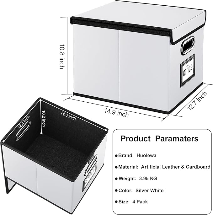 Huolewa Portable Leather File Organizer Boxes with Lids, Office Document Boxes Organizer, Filing Boxes, Decorative Small File Boxes for Hanging Files, File Cabinet for Office/Home - 4 Pack