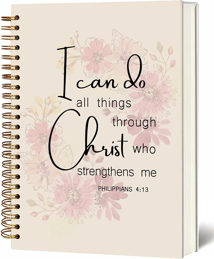Bible Notebook, A5 Spiral Christian Journal with Pink Floral Notebook, Bible Verse-I Can Do All Things Through Christ Who Strengthens Me, Inspirational Notebooks for Women, Gift for Birthday Christmas