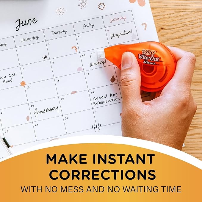 BIC White Out Tape- Tear Resistant, Clear Dispenser EZ Correct Correction Tape - 39.3 Feet Each - Pack of 7