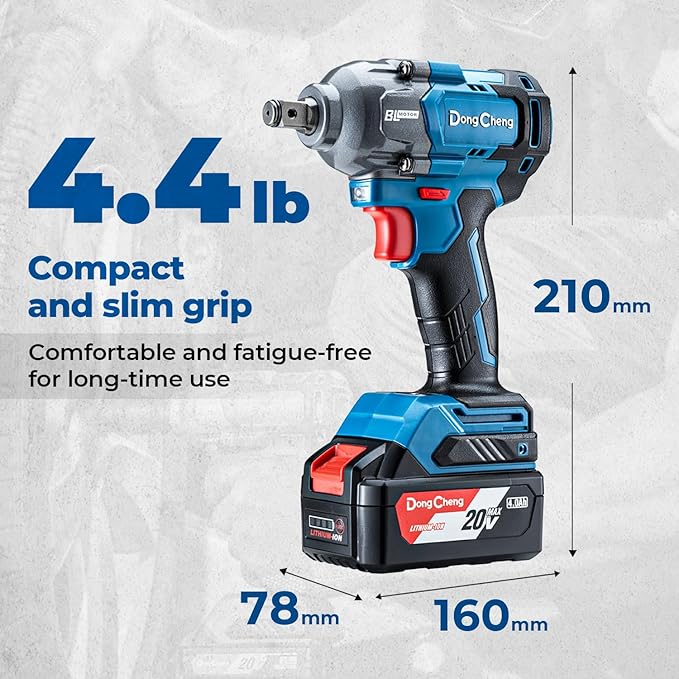 Dong Cheng 20V Brushless Impact Wrench, Max Torque 360 ft-lbs (488N.m), 1/2 inch with 3 Mode Speed, 2400 RPM Cordless Impact Gun, Includes 4.0Ah Battery, Charger, 4 Impact Sockets and Kit Bag