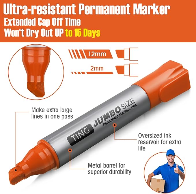 Fuutreo 10 Pack Jumbo Permanent Markers Bulk Large Chisel Tip Permanent Markers Quick Drying Waterproof Big Huge Poster Pens for Office, Logistics Company and More(Orange)
