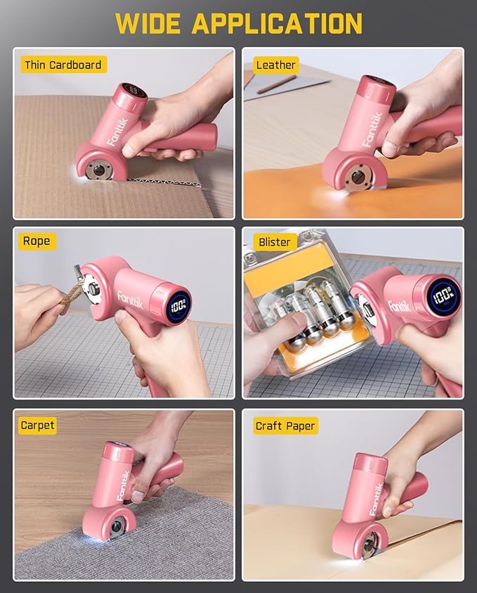 Fanttik C8 Nano Cordless Electric Scissors with LED Display, Rechargeable Cardboard Cutter with 2 Blades, EasySwap Blade Change, LED Light, for Thin Cardboard Carpet Leather - Pink